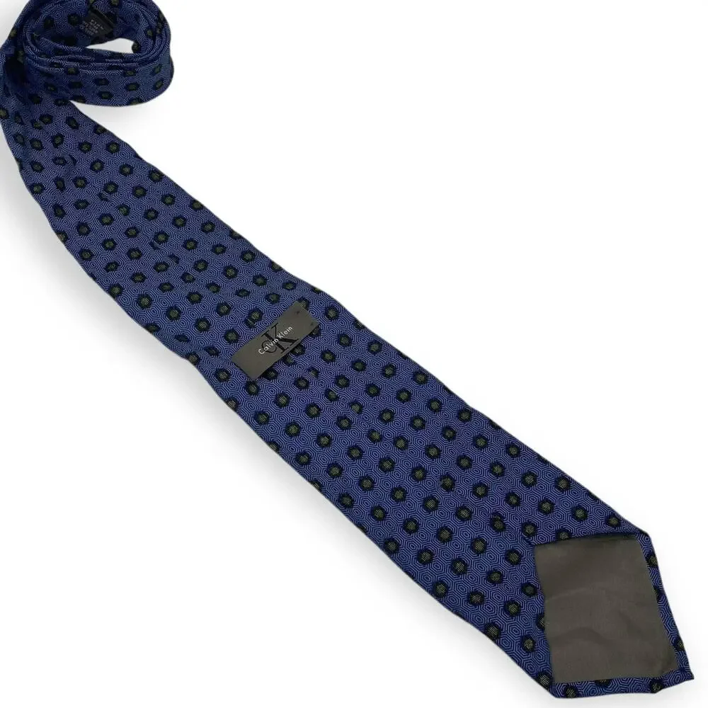 CALVIN KLEIN Blue Gold Silk Geometric Printed Tie